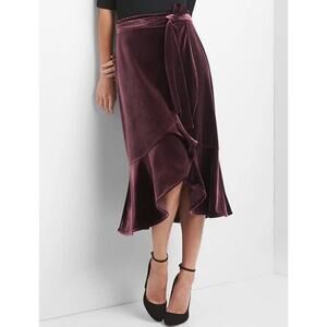 Gap Velvet Wrap Midi Skirt Size Small Vamp Red Tie Waist Ruffle‎ Elastic Waist